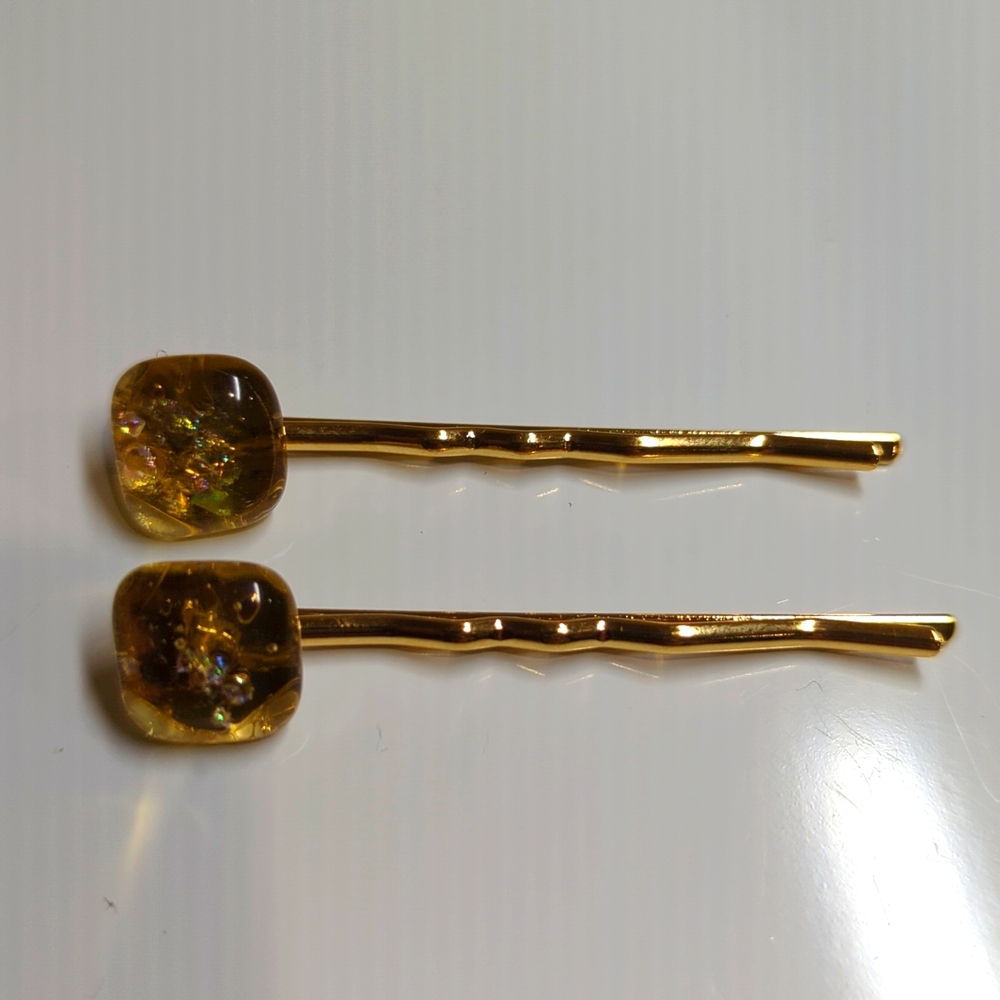 Fused glass gold barrettes with dicrotic glass sparkle!